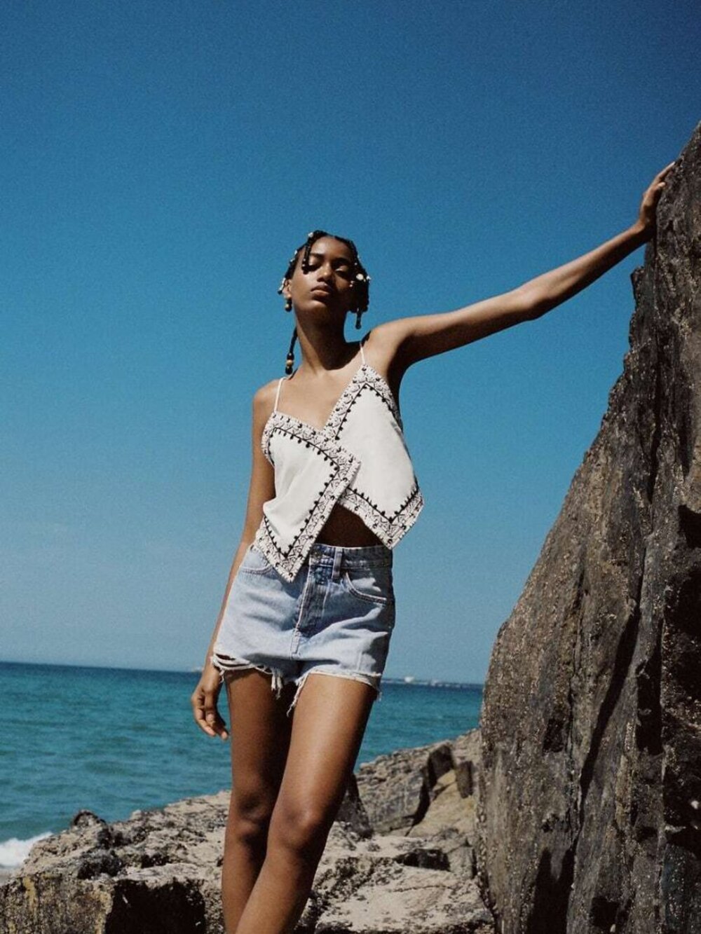 Zara | Embroidered Beaded Backless Asymmetric Tie Top in Ecru NWT